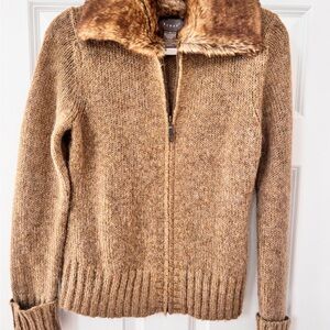 Kenar Brown Zip Sweater with Faux Fur Trim